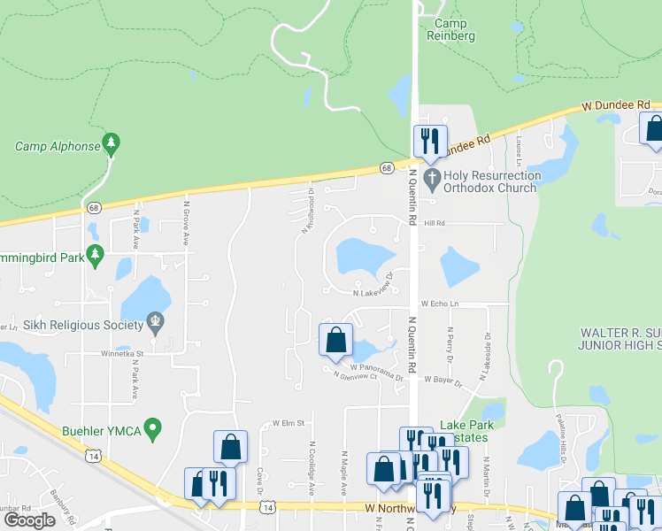 map of restaurants, bars, coffee shops, grocery stores, and more near 1247 North Lakeview Drive in Palatine