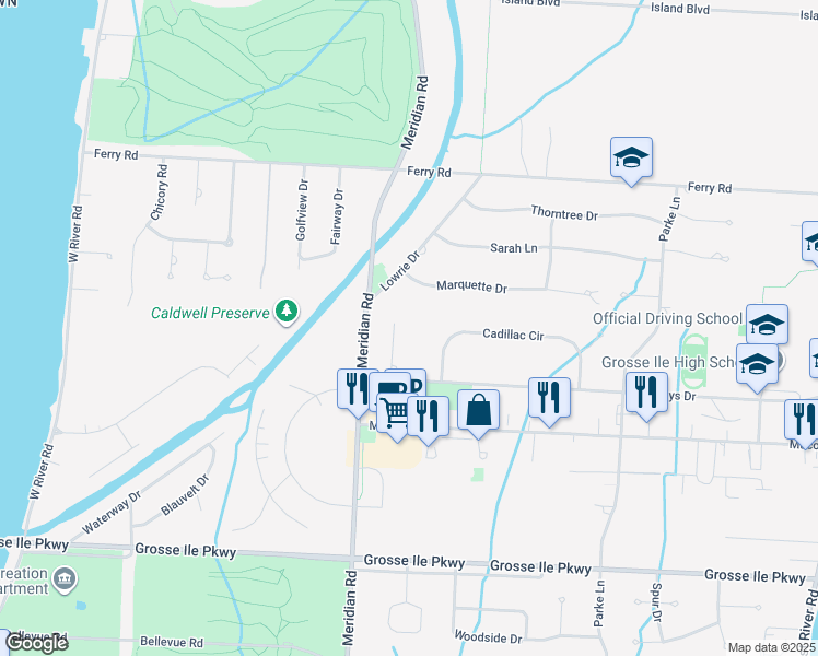 map of restaurants, bars, coffee shops, grocery stores, and more near 24364 Rivard Court in Grosse Ile Township