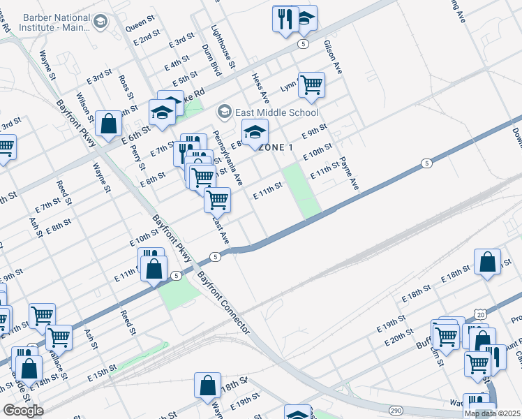 map of restaurants, bars, coffee shops, grocery stores, and more near 1109 Pennsylvania Ave in Erie