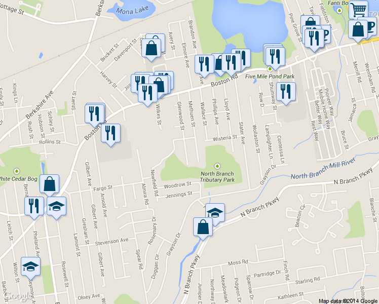 map of restaurants, bars, coffee shops, grocery stores, and more near 137 Glenwood St in Springfield