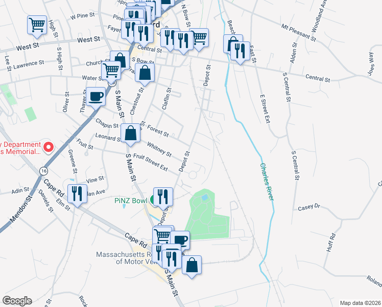 map of restaurants, bars, coffee shops, grocery stores, and more near 92 Depot Street in Milford