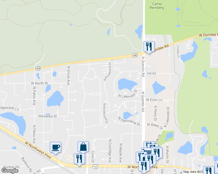 map of restaurants, bars, coffee shops, grocery stores, and more near 1247 North Knollwood Drive in Palatine