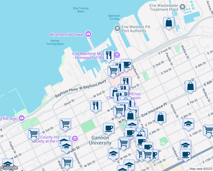map of restaurants, bars, coffee shops, grocery stores, and more near 110 State Street in Erie