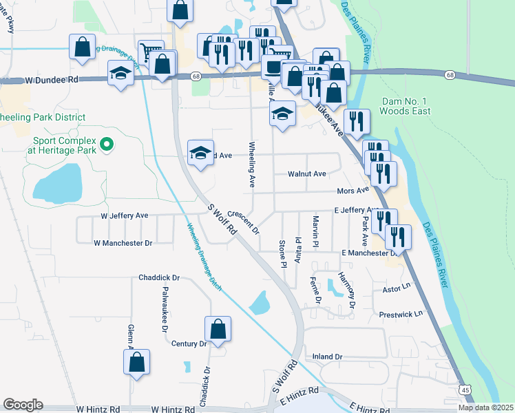 map of restaurants, bars, coffee shops, grocery stores, and more near 335 Wheeling Avenue in Wheeling