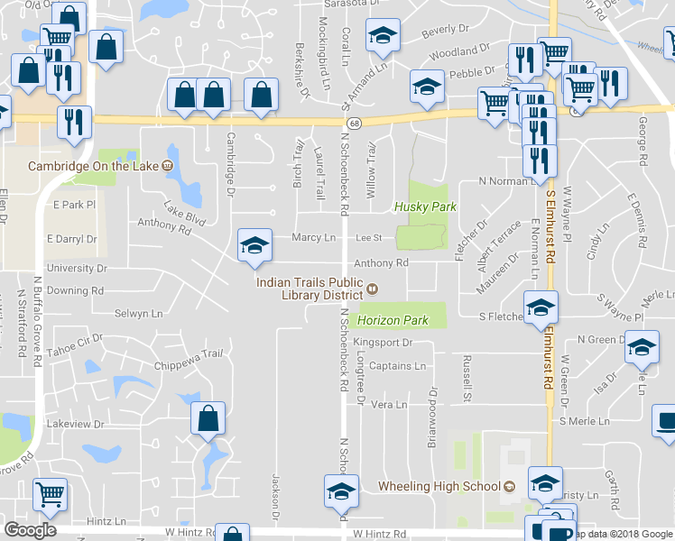 map of restaurants, bars, coffee shops, grocery stores, and more near 1301 Anthony Road in Wheeling