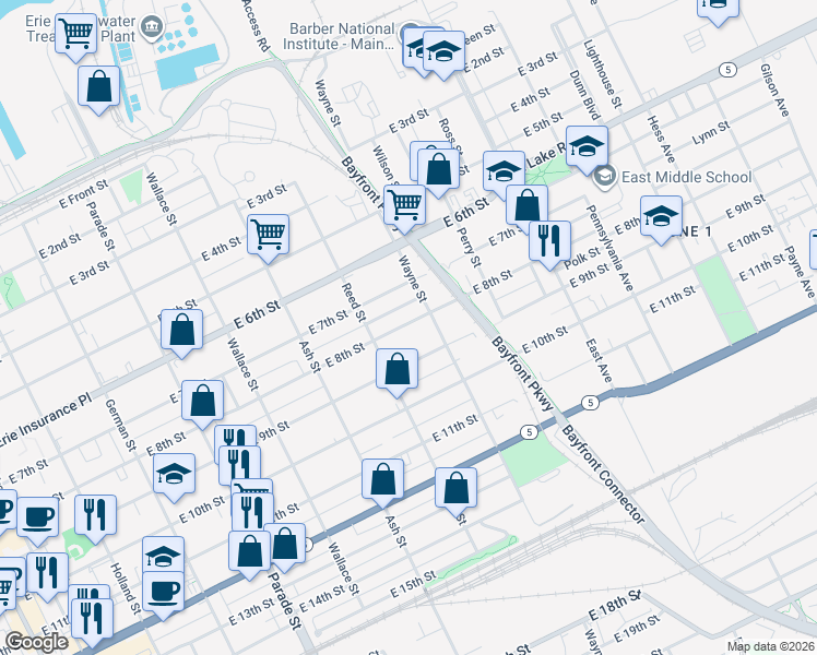 map of restaurants, bars, coffee shops, grocery stores, and more near 739 East 8th Street in Erie