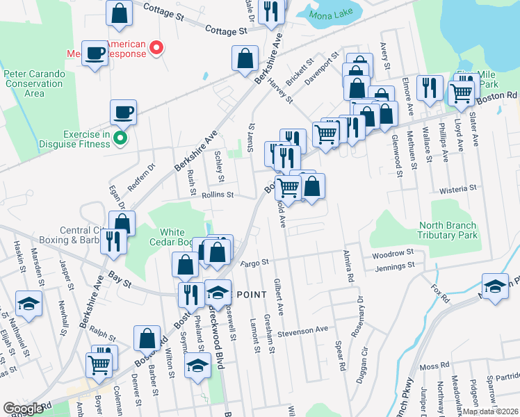 map of restaurants, bars, coffee shops, grocery stores, and more near 349 Boston Road in Springfield