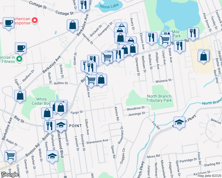 map of restaurants, bars, coffee shops, grocery stores, and more near 110-112 Almira Road in Springfield