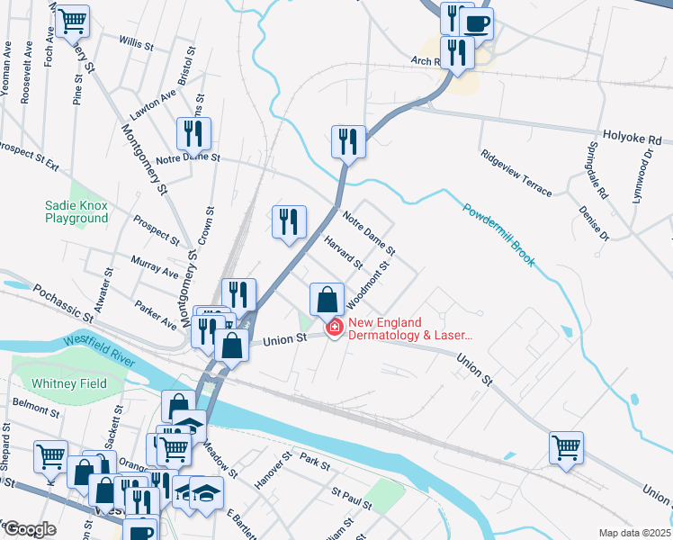 map of restaurants, bars, coffee shops, grocery stores, and more near 36 Westminster Street in Westfield