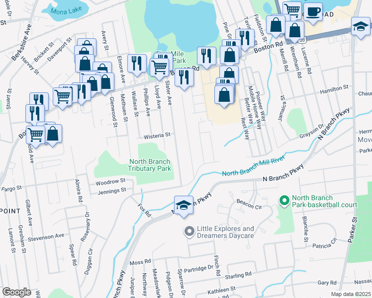 map of restaurants, bars, coffee shops, grocery stores, and more near 186 Wollaston Street in Springfield