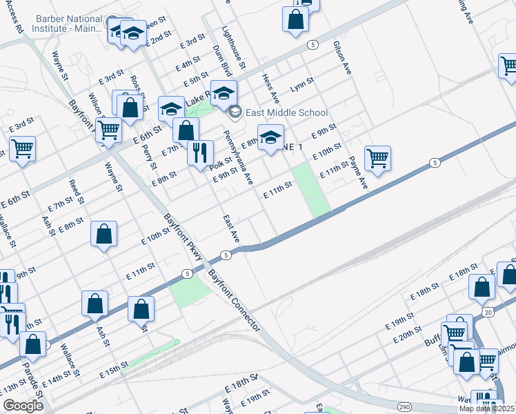 map of restaurants, bars, coffee shops, grocery stores, and more near 1052 E 11th St in Erie