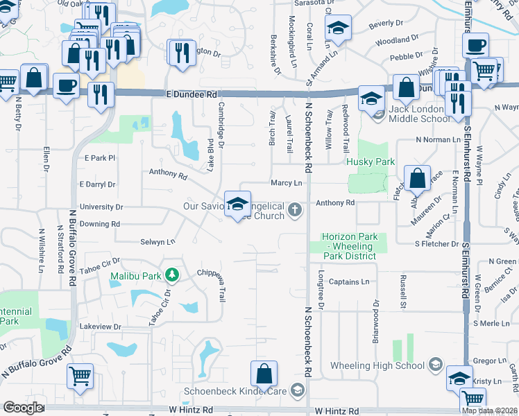 map of restaurants, bars, coffee shops, grocery stores, and more near 1421 Anthony Road in Wheeling