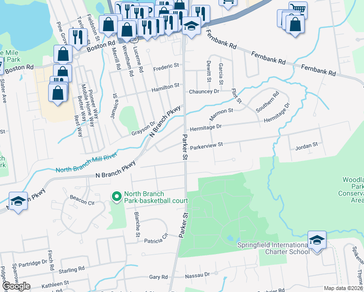 map of restaurants, bars, coffee shops, grocery stores, and more near 67 Overlea Drive in Springfield