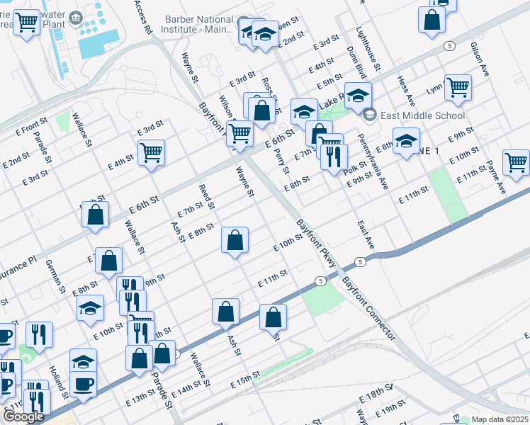map of restaurants, bars, coffee shops, grocery stores, and more near 815 Wayne Street in Erie
