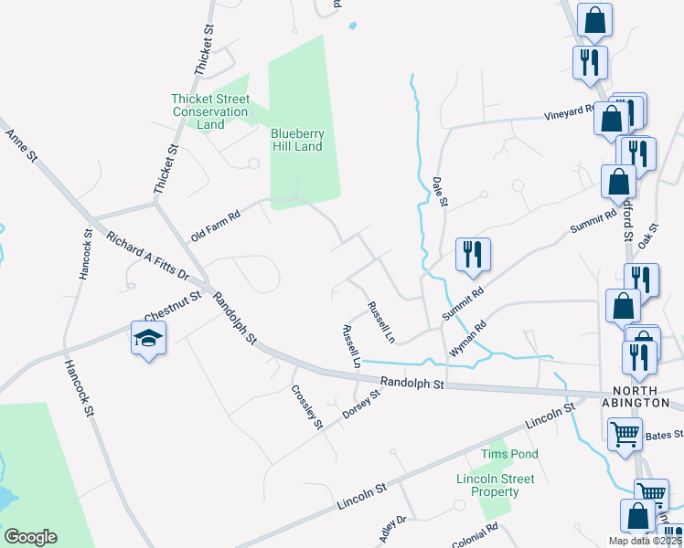 map of restaurants, bars, coffee shops, grocery stores, and more near 24 Strawberry Lane in Abington