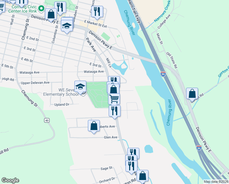 map of restaurants, bars, coffee shops, grocery stores, and more near 320 Park Ave in Corning