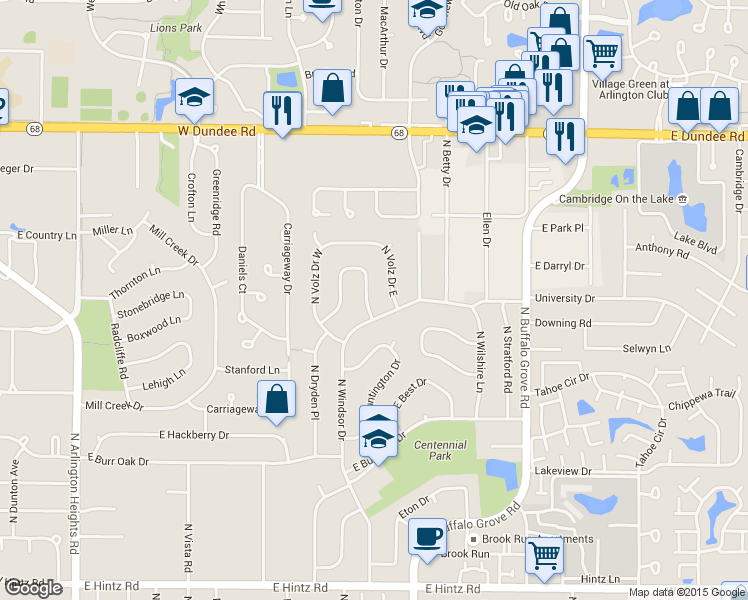 map of restaurants, bars, coffee shops, grocery stores, and more near 3135 North Walker Lane East in Arlington Heights