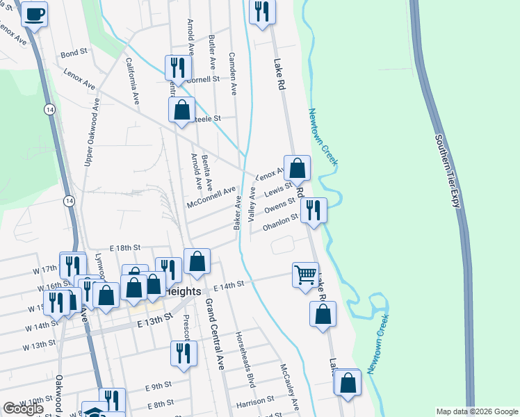 map of restaurants, bars, coffee shops, grocery stores, and more near 140 Owens St in Horseheads
