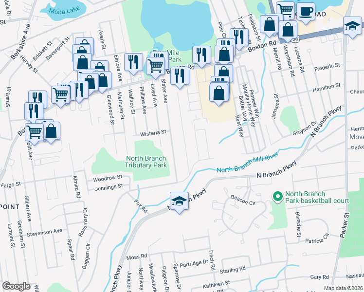 map of restaurants, bars, coffee shops, grocery stores, and more near 186 Wollaston Street in Springfield