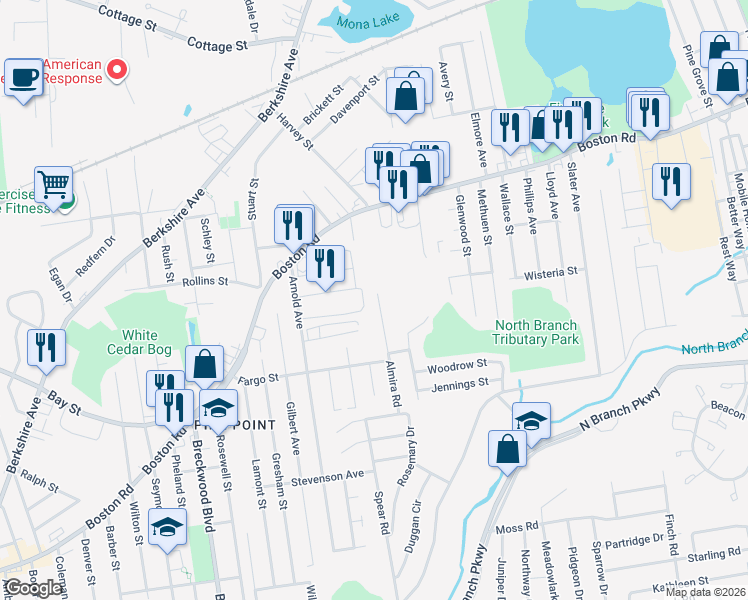 map of restaurants, bars, coffee shops, grocery stores, and more near 110-112 Almira Road in Springfield