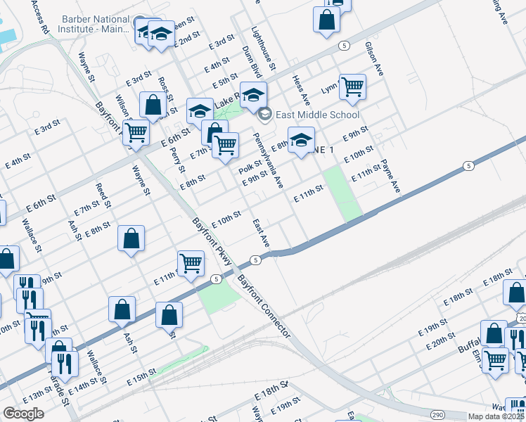 map of restaurants, bars, coffee shops, grocery stores, and more near 1013 East 10th Street in Erie