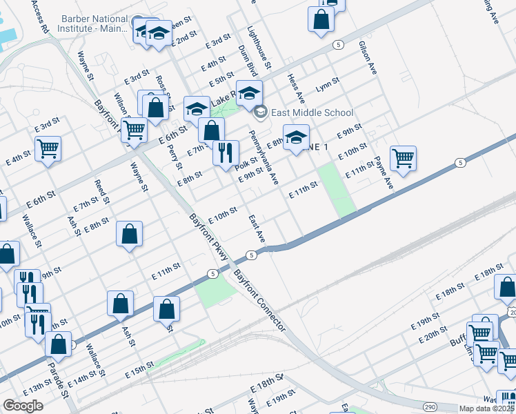 map of restaurants, bars, coffee shops, grocery stores, and more near 1013 East 10th Street in Erie