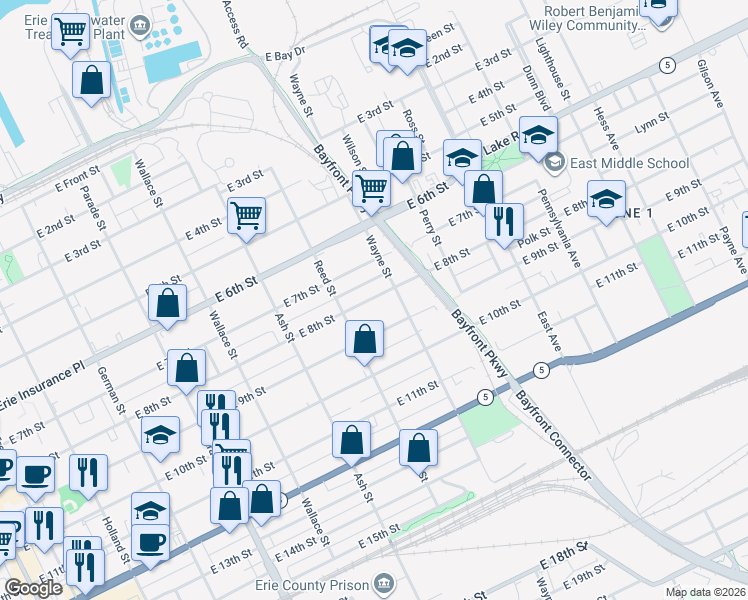 map of restaurants, bars, coffee shops, grocery stores, and more near 739 East 8th Street in Erie