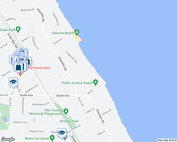 map of restaurants, bars, coffee shops, grocery stores, and more near 515 Longwood Avenue in Glencoe