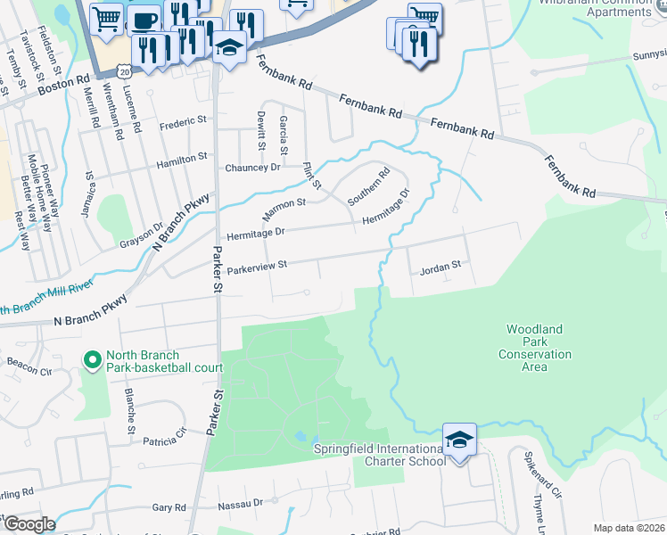 map of restaurants, bars, coffee shops, grocery stores, and more near 141 Parkerview Street in Springfield
