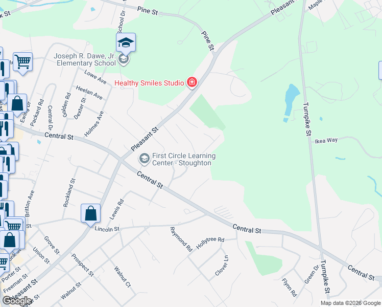 map of restaurants, bars, coffee shops, grocery stores, and more near 14 Angelos Road in Stoughton
