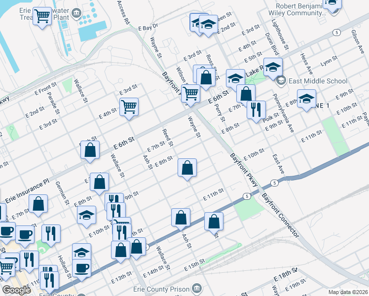 map of restaurants, bars, coffee shops, grocery stores, and more near 723 Reed St in Erie
