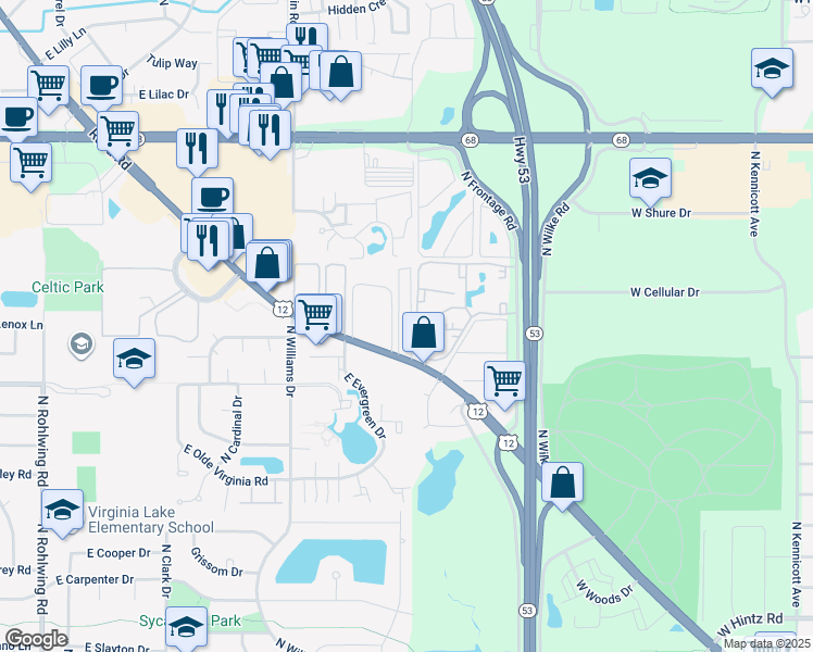 map of restaurants, bars, coffee shops, grocery stores, and more near 1316 Geneva Drive in Palatine