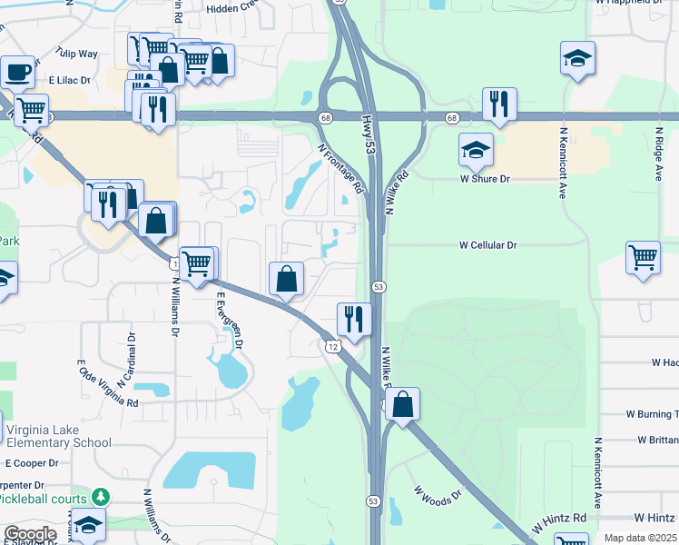 map of restaurants, bars, coffee shops, grocery stores, and more near 1218 East Long Valley Drive in Palatine