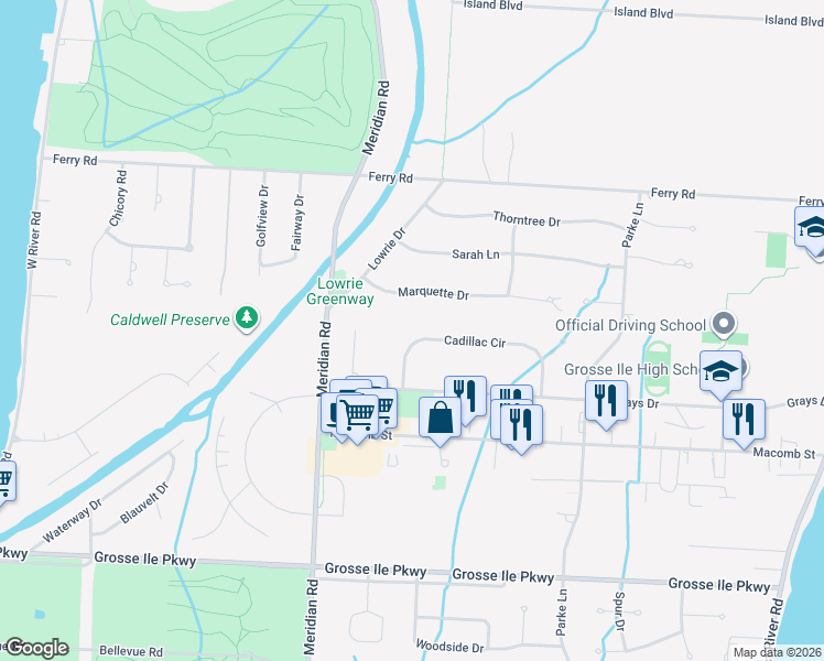 map of restaurants, bars, coffee shops, grocery stores, and more near 8675 Cadillac Circle in Grosse Ile Township