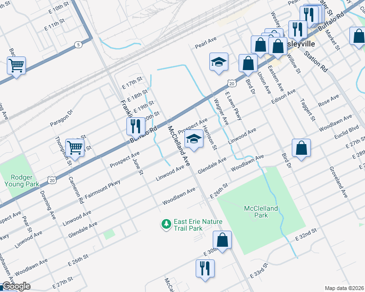 map of restaurants, bars, coffee shops, grocery stores, and more near 2304 Fairmont Pkwy in Erie