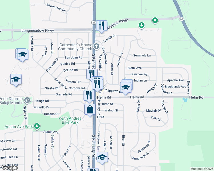 map of restaurants, bars, coffee shops, grocery stores, and more near 1923 Cherokee Road in Carpentersville