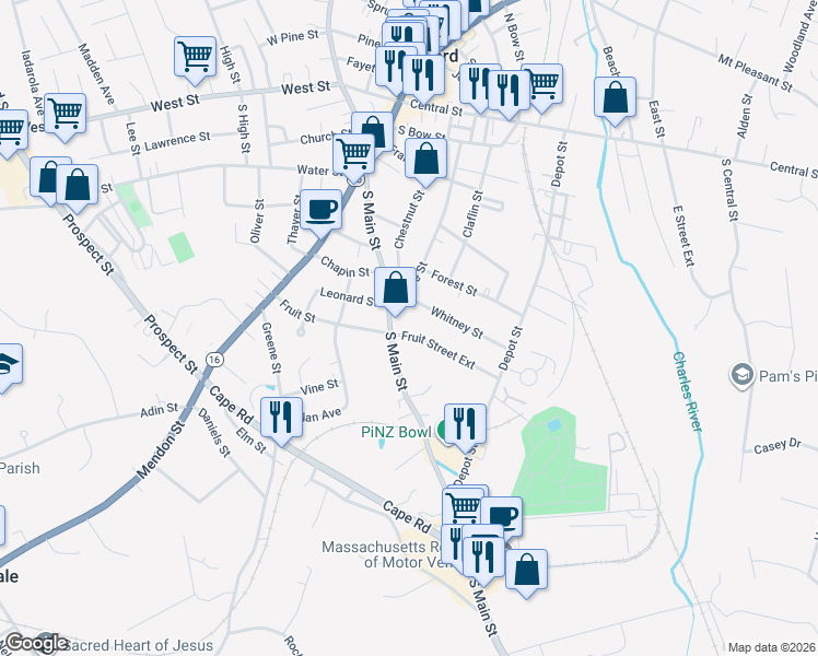 map of restaurants, bars, coffee shops, grocery stores, and more near 50 Fruit Street Extension in Milford