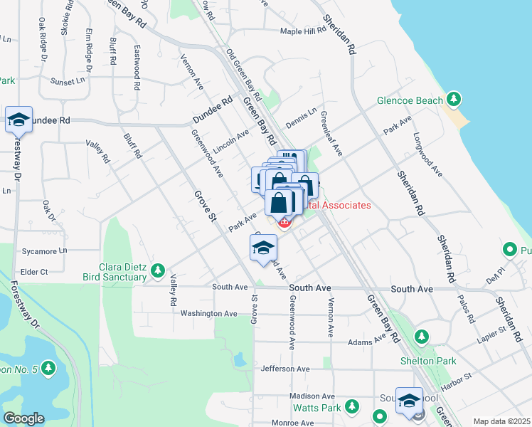 map of restaurants, bars, coffee shops, grocery stores, and more near 378 Park Avenue in Glencoe