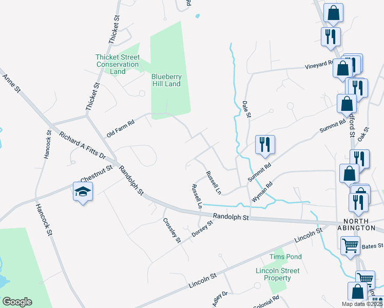 map of restaurants, bars, coffee shops, grocery stores, and more near 24 Strawberry Lane in Abington