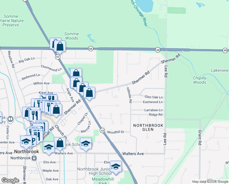 map of restaurants, bars, coffee shops, grocery stores, and more near 1047 Whitehall Drive in Northbrook