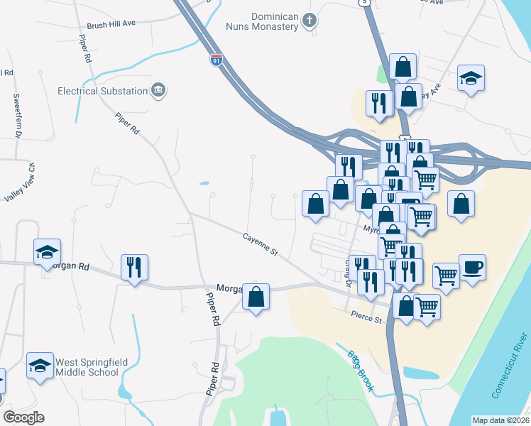 map of restaurants, bars, coffee shops, grocery stores, and more near 43 Skyline Drive in West Springfield