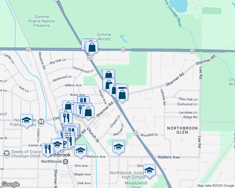 map of restaurants, bars, coffee shops, grocery stores, and more near 1088 Shermer Road in Northbrook