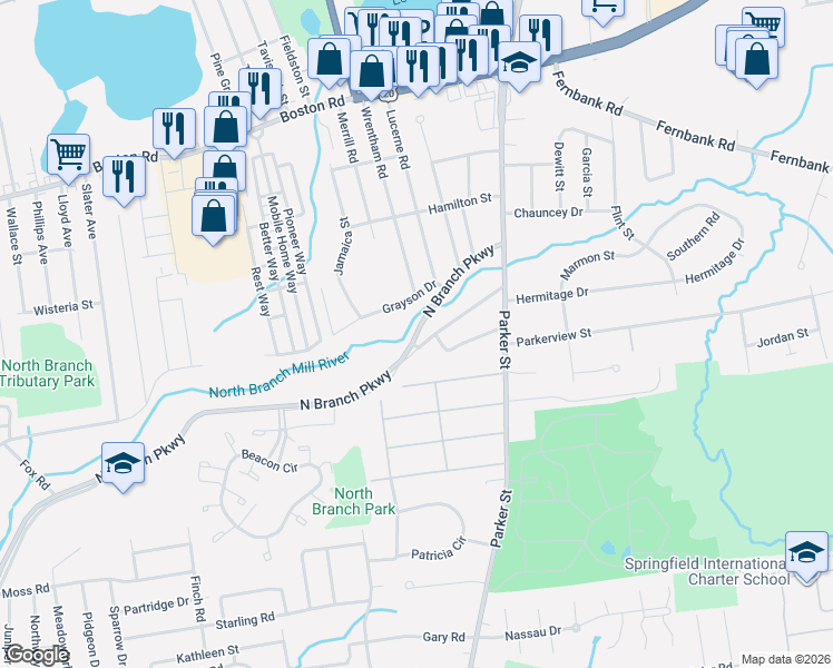 map of restaurants, bars, coffee shops, grocery stores, and more near 737 North Branch Parkway Service Road in Springfield