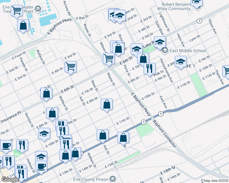 map of restaurants, bars, coffee shops, grocery stores, and more near 739 East 8th Street in Erie
