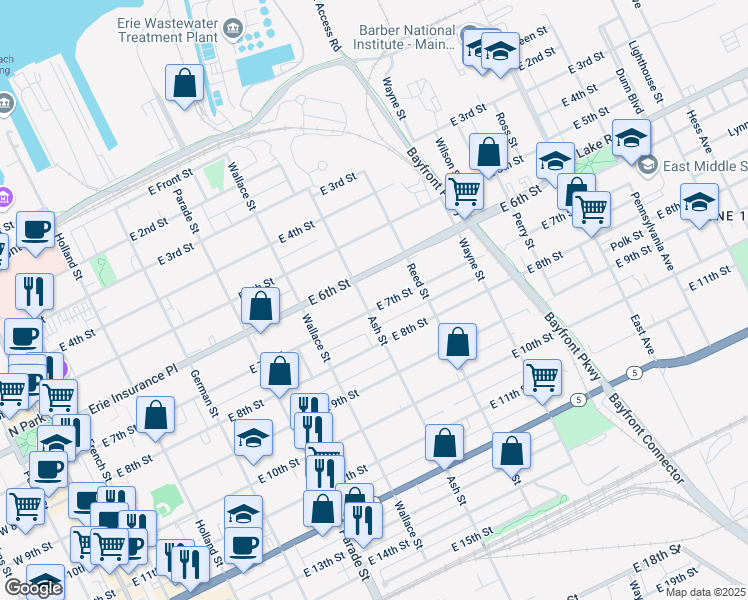map of restaurants, bars, coffee shops, grocery stores, and more near 602 East 7th Street in Erie