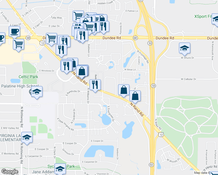 map of restaurants, bars, coffee shops, grocery stores, and more near 1302 East Ports O Call Drive in Palatine