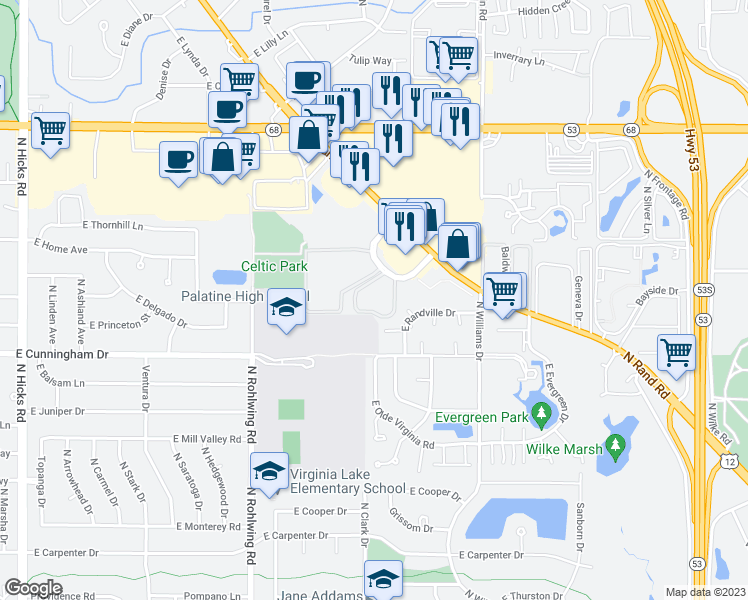 map of restaurants, bars, coffee shops, grocery stores, and more near 1249 North Winslowe Drive in Palatine