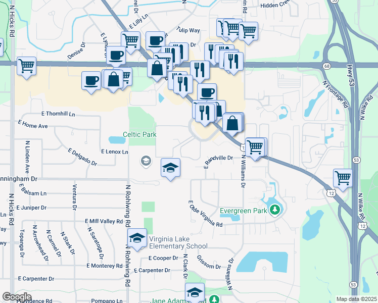 map of restaurants, bars, coffee shops, grocery stores, and more near 1249 North Winslowe Drive in Palatine