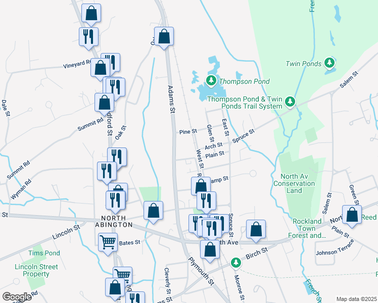 map of restaurants, bars, coffee shops, grocery stores, and more near 443 Adams Street in Abington