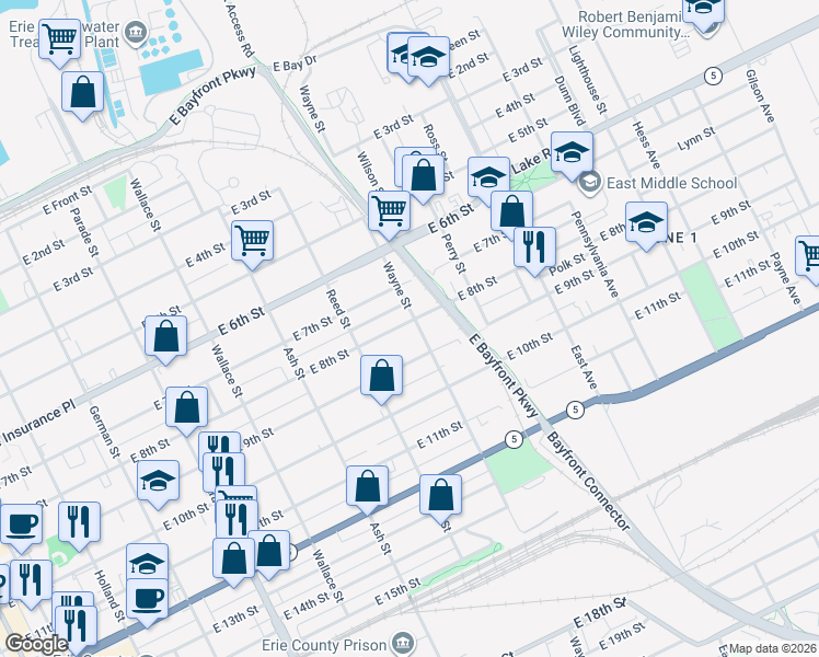 map of restaurants, bars, coffee shops, grocery stores, and more near 739 East 8th Street in Erie